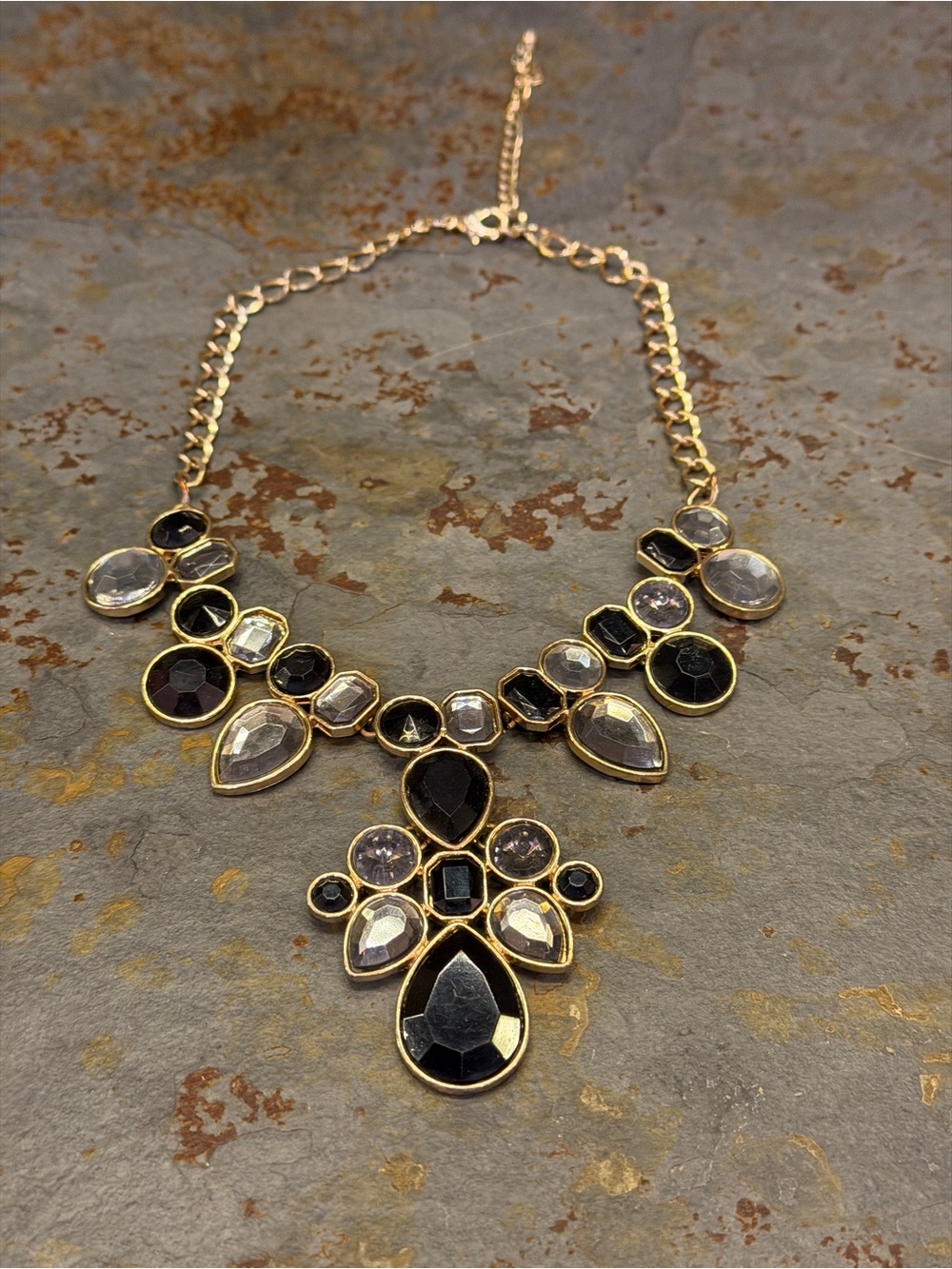 Gold-Tone Black and Faux Diamond Statement Necklace